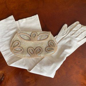 White leather evening gloves and Small Sequins clutch purse